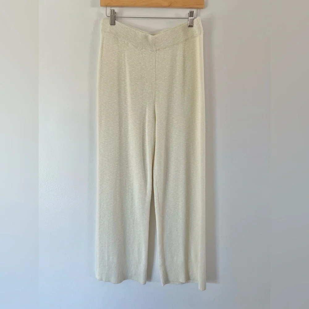 Free People Beach Cream Pull-On Wide Leg‎ Cotton Linen Blend Ribbed Knit Pants